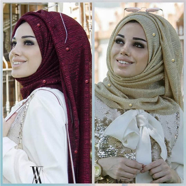 Stretchy gold yarn islamic scarfs muslim beading - Touch of Madina